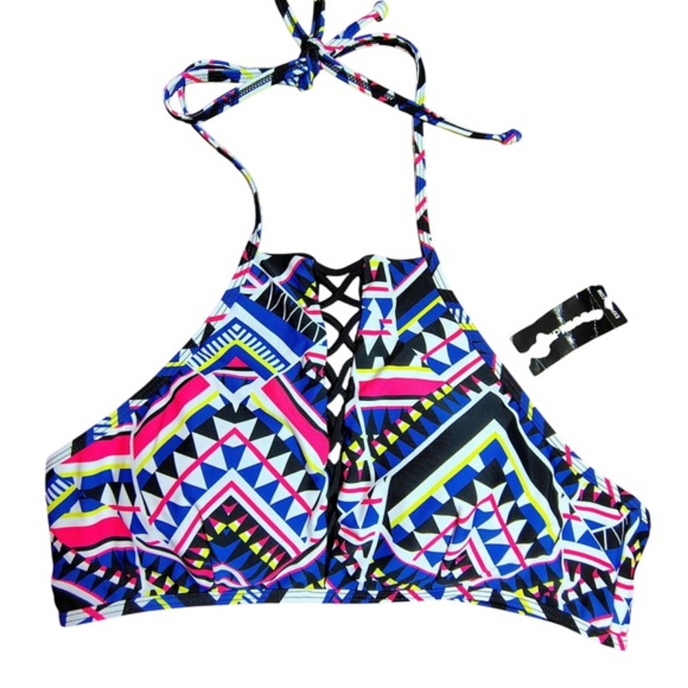 NWT Express Swim Bikini‎ Top Geometric Print Crisscross Halter M bright